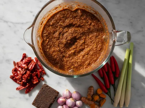 Pes rempah merah gelap dari cili kering, bawang merah, belacan dan kunyit dikisar halus dalam blender