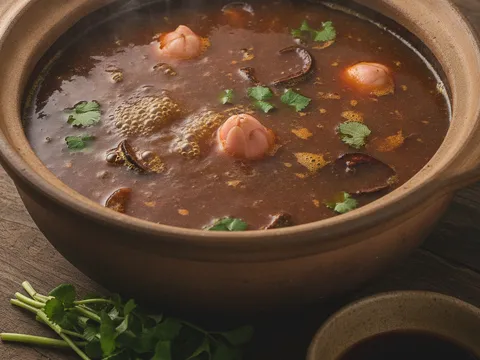 Kuah asam laksa merah gelap direneh bersama bunga kantan dan daun kesum dalam periuk besar