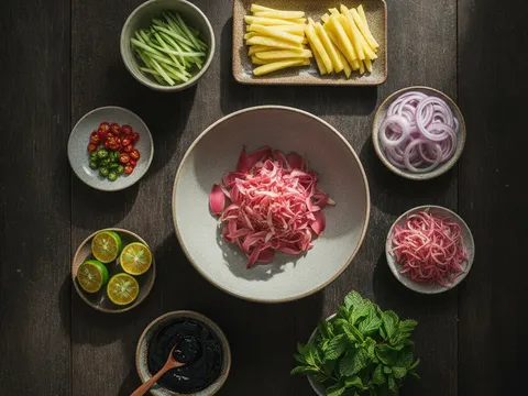 Ulam hiris laksa penang — timun, nanas, bawang besar, cili, bunga kantan, daun salad dan pudina disusun berasingan dengan bekas hae ko