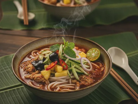 Laksa penang lengkap dalam mangkuk — laksa tebal disiram kuah asam, ditimbun ulam segar dan dititis hae ko hitam