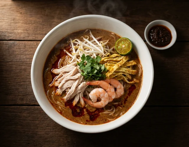 Semangkuk laksa Sarawak dengan kuah santan berempah, beehoon, ayam siat, udang, telur dadar jalur, taugeh dan limau kasturi