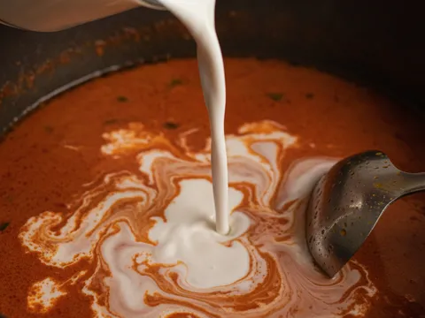 Santan pekat dituang ke dalam kuah laksa merah sambil dikacau dengan senduk