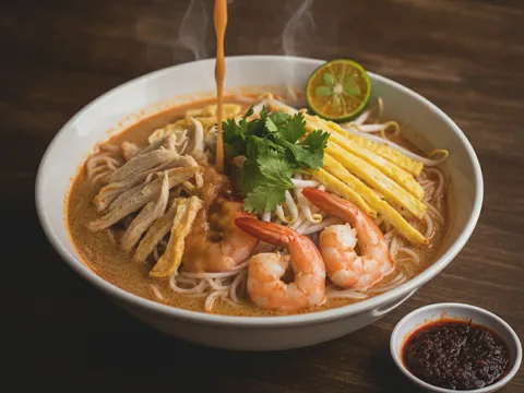 Mangkuk laksa Sarawak lengkap dengan ayam siat, udang, telur dadar jalur, daun ketumbar dan limau kasturi