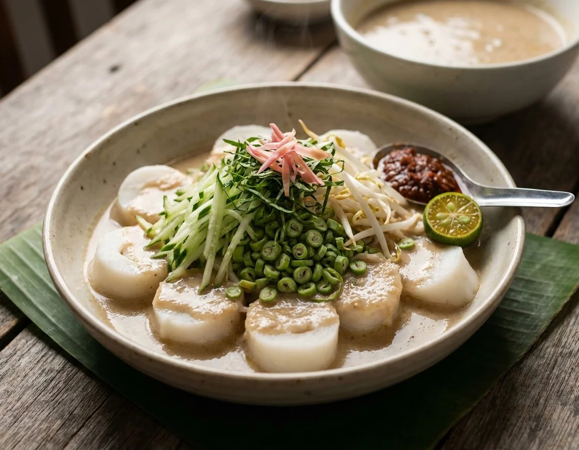 Semangkuk laksam Kelantan dengan gulungan tepung beras dipotong, disiram kuah putih ikan bersantan bersama ulam hiris dan sambal