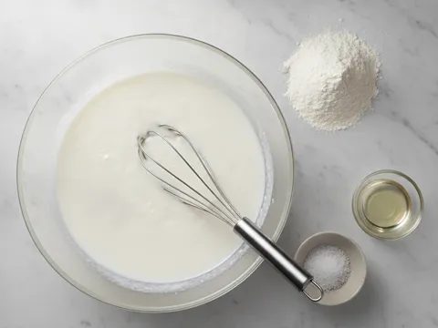 Adunan tepung beras dan tepung gandum dikacau licin dengan whisk dalam mangkuk besar