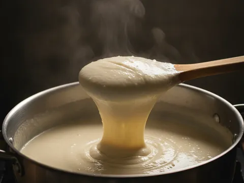 Kuah putih laksam bersantan direneh pekat dalam periuk sambil dikacau dengan senduk
