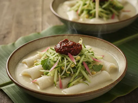 Laksam lengkap dihidang dalam mangkuk dengan kuah putih, ulam hiris dan sambal belacan