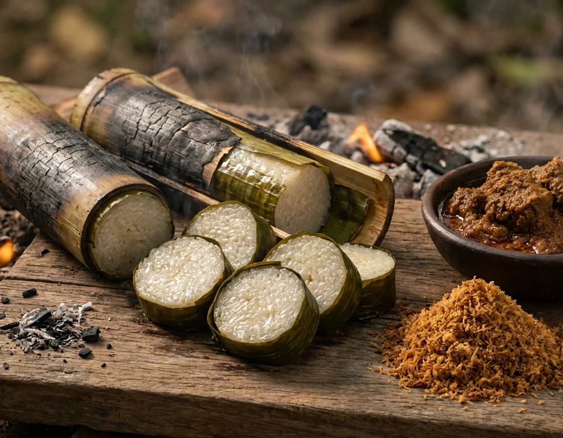 Lemang dipotong bulat menampakkan pulut bersantan putih berlapik daun pisang, dengan batang buluh lemang dan rendang di sisi