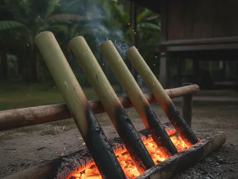 Barisan buluh lemang disandar condong berjajar di atas bara api yang membara