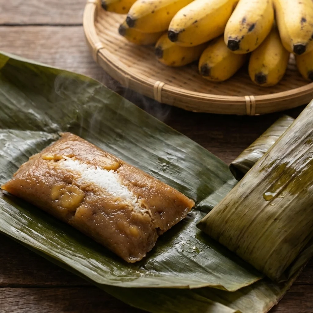 Lepat pisang dibuka daripada bungkusan daun pisang menunjukkan adunan pisang berwarna keperangan dengan inti kelapa parut di tengah
