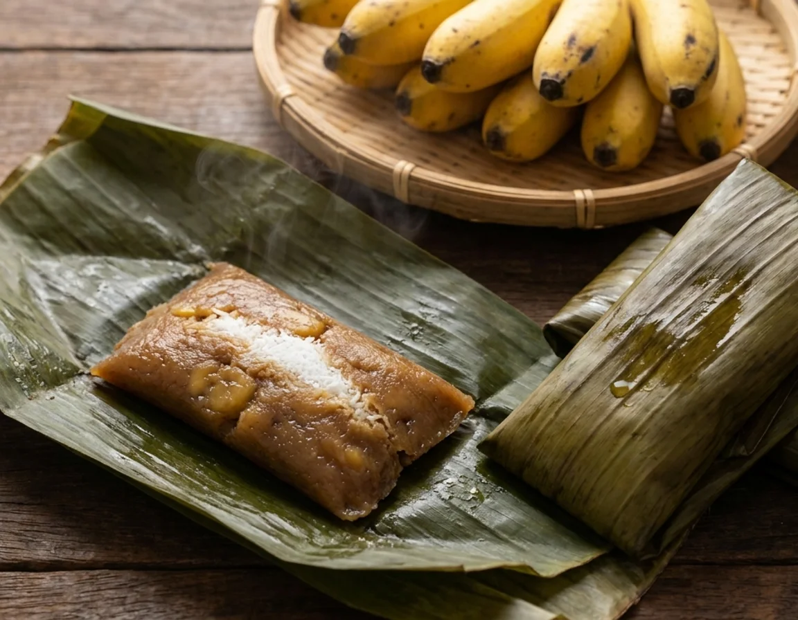 Lepat pisang dibuka daripada bungkusan daun pisang menunjukkan adunan pisang berwarna keperangan dengan inti kelapa parut di tengah