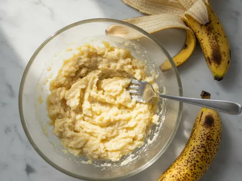 Pisang emas ranum dilenyek dengan garpu dalam mangkuk sehingga hancur tetapi masih berketul halus