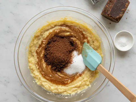 Gula melaka parut dan gula pasir dikacau ke dalam pisang lenyek sehingga adunan bertukar keperangan