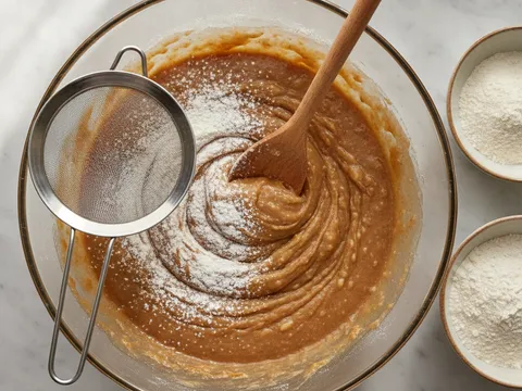 Tepung gandum dan tepung beras dimasukkan sedikit demi sedikit ke dalam adunan pisang sambil dikacau