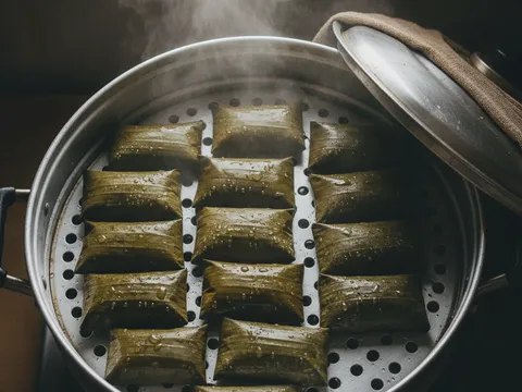 Bungkusan lepat pisang disusun dalam pengukus berwap dengan bahagian lipatan menghadap ke bawah
