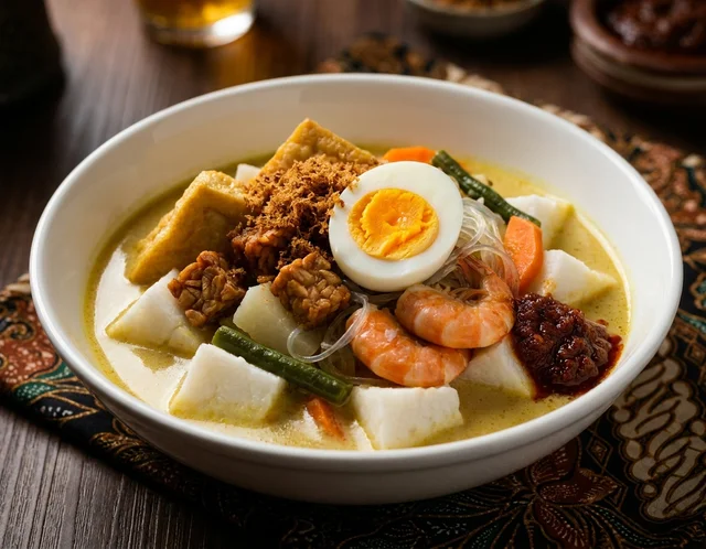 Lontong Kuah Lodeh Tradisional Malaysia dengan nasi impit, kuah kuning berkrim, tauhu goreng, tempe, dan udang segar