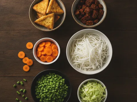Tauhu goreng keemasan, tempe goreng, dan sayur-sayuran dipotong rapi