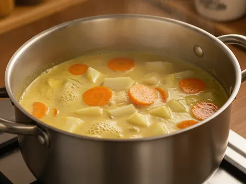 Karot dan sengkuang dimasak dalam kuah kuning yang mendidih