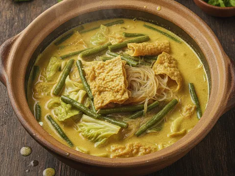 Kacang panjang, fucuk, dan suun dimasak dalam kuah lodeh yang mendidih