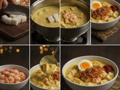 Lontong Kuah Lodeh siap dihidang dalam mangkuk dengan telur rebus, sambal, dan serunding