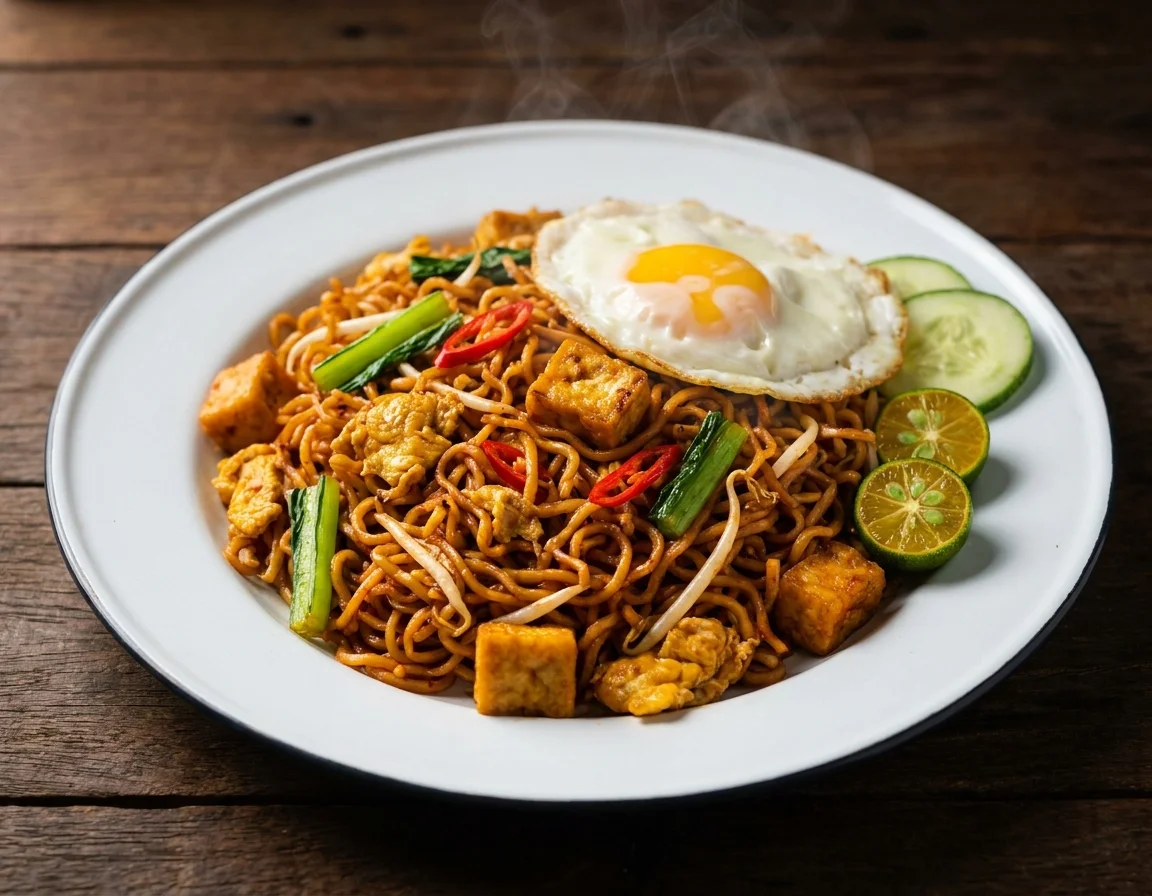 Sepinggan maggi goreng mamak berselirat dengan telur, sawi, tauhu dan hirisan cili, dihidang bersama limau kasturi