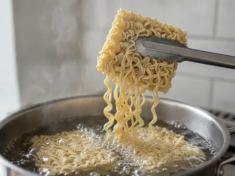 Mee maggi direbus separa masak dalam periuk air mendidih, masih berbentuk kepingan longgar