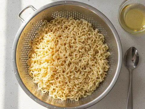 Mee maggi yang sudah ditoskan dalam penapis besi digaul dengan minyak supaya tidak melekat