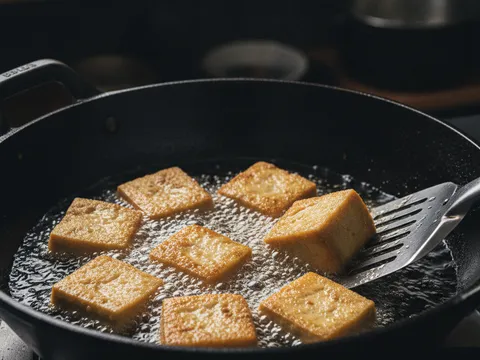 Dadu tauhu digoreng keemasan dalam kuali minyak panas
