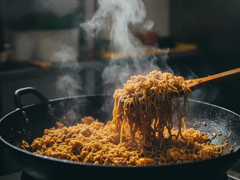 Mee maggi digaul dengan perencah kari, sos dan kicap manis dalam kuali atas api besar