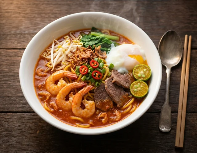 Semangkuk mee bandung Muar dengan kuah tomato-cili pekat, udang segar, daging hiris, telur separuh masak dan sawi, ditabur bawang goreng