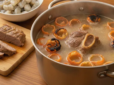 Daging direbus bersama kulit dan kepala udang yang digoreng untuk menjadi stok kuah mee bandung