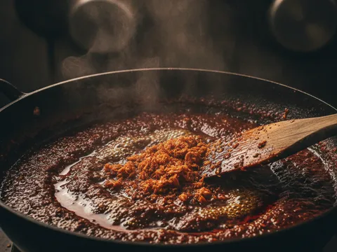 Pes cili dan udang kering ditumis dalam periuk sehingga pecah minyak berwarna merah gelap