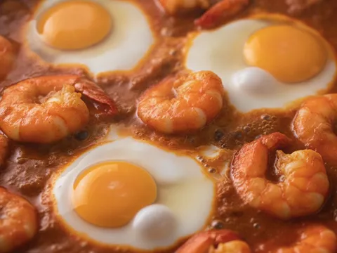 Udang segar dan telur separuh masak dalam kuah mee bandung merah yang menggelegak perlahan