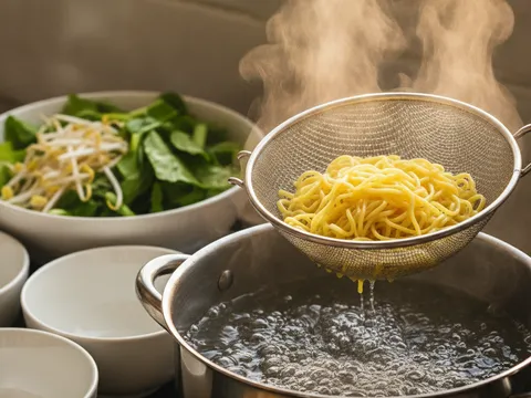 Mee kuning dicelur dalam air mendidih menggunakan penapis celur sebelum dihidang