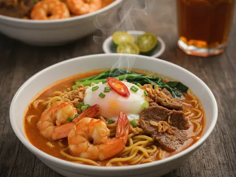 Mangkuk mee bandung Muar lengkap dengan udang, telur, sawi dan bawang goreng sedia dihidang