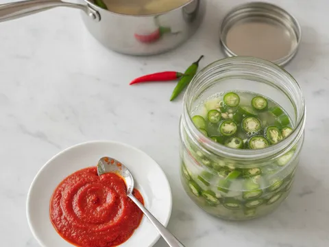 Sambal lada merah dalam mangkuk kecil bersebelahan balang lada jeruk hijau berendam cuka