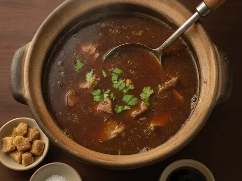 Kuah mee celup berwarna coklat gelap direneh perlahan dengan hirisan daging di dalamnya