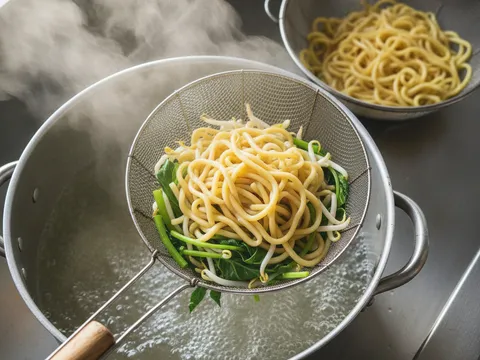 Mee kuning, kangkung dan taugeh dicelur dalam penapis besi di atas periuk air mendidih