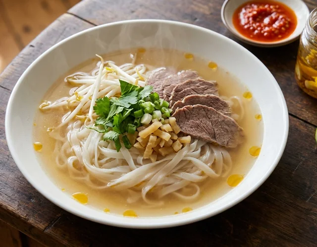 Semangkuk mee champa dengan mi beras, hirisan daging lembu, taugeh dan daun sup dalam kuah tulang jernih, bersama sambal lada dan limau nipis di tepi