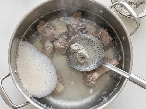 Senduk penapis mengangkat buih dari permukaan rebusan tulang lembu dalam periuk besar