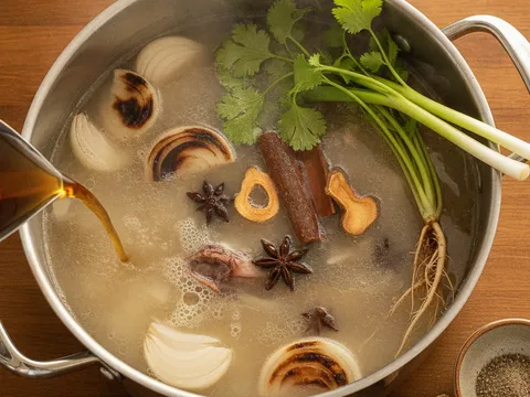 Bawang bakar, lengkuas, sotong kering dan rempah dimasukkan ke dalam periuk kuah tulang yang mereneh