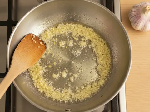 Bawang putih cincang digoreng dalam minyak dalam kuali kecil sehingga kekuningan