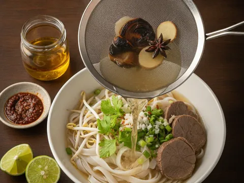 Kuah tulang panas dicurah melalui penapis ke dalam mangkuk berisi mi champa, hirisan daging dan taugeh