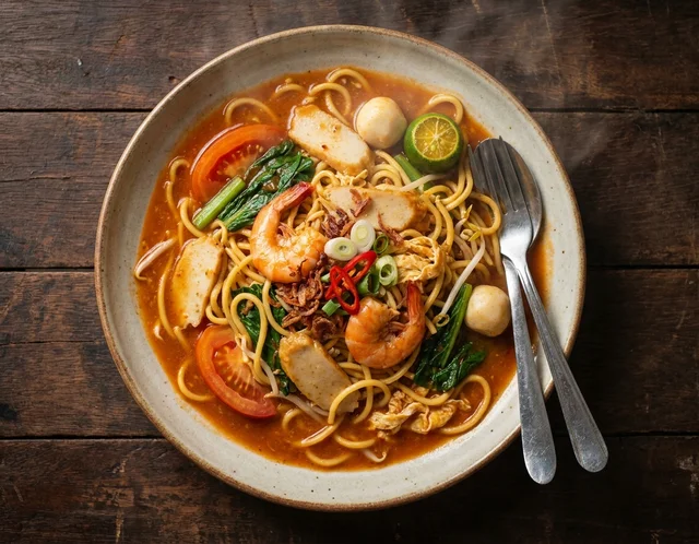 Mee goreng basah berkuah likat kemerahan dengan udang, bebola ikan, sawi dan taugeh dalam pinggan, ditabur bawang goreng dan daun bawang