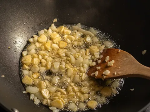 Bawang putih cincang dan hirisan bawang besar ditumis dalam kuali sehingga kekuningan