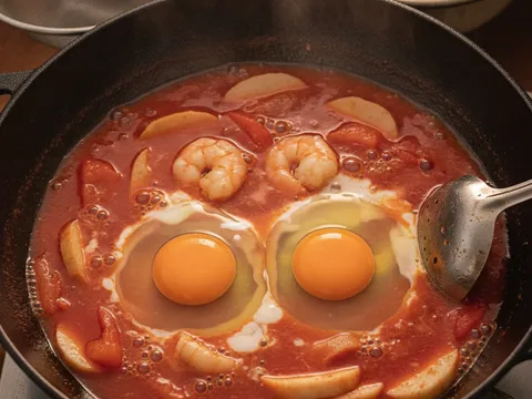 Stok udang dituang ke dalam kuali dan dua biji telur dipecahkan ke dalam kuah likat kemerahan