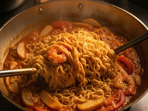 Mee kuning digaul dengan dua senduk dalam kuah likat kemerahan sehingga bersalut rata