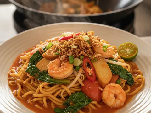 Daun sawi dan taugeh digaul ke dalam mee goreng basah, kemudian dihidang dengan bawang goreng dan limau kasturi