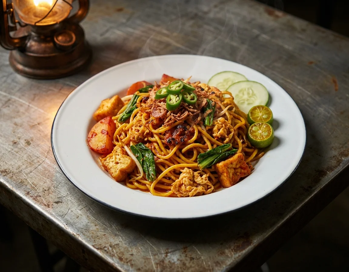 Sepinggan mee goreng mamak merah berkilat dengan tauhu, kentang rebus, sawi dan telur, dihias hirisan cili hijau dan limau kasturi