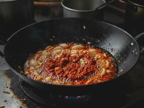 Bawang merah, bawang putih, cili giling dan serbuk kari ditumis dalam wok dengan minyak merah berkilat